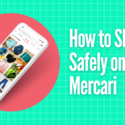 Smartphone displaying Mercari shopping app with various items, alongside text "How to Shop Safely on Mercari" on grid background.